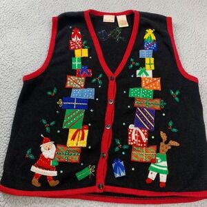 Bobbie Brooks Sweater Vest Womens XL Black Christmas Santa Reindeer Ramie Cotton